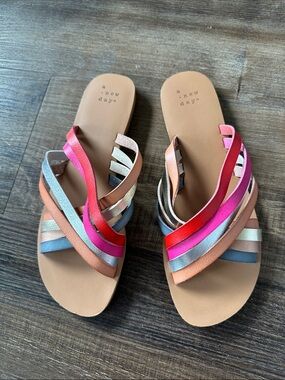 a new day Pink Red Metallic Multistrap Slide Sandals